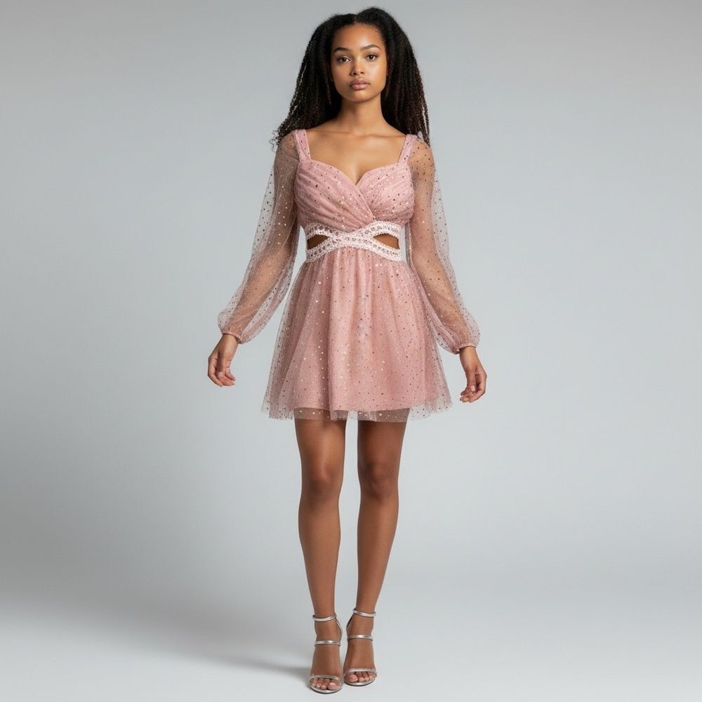 NWOT Double Crazy Solid Pink Glitter Long Sleeve Sweetheart Top Mini Dress M